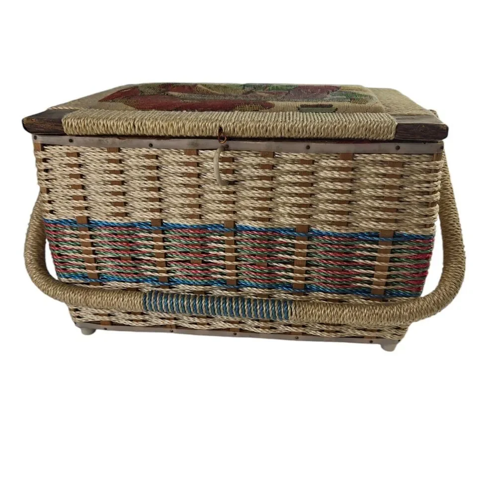 Vintage Sewing Basket with Handle Woven Asian Motif Fabric‎ Top Box 8 x 10.5 x 7